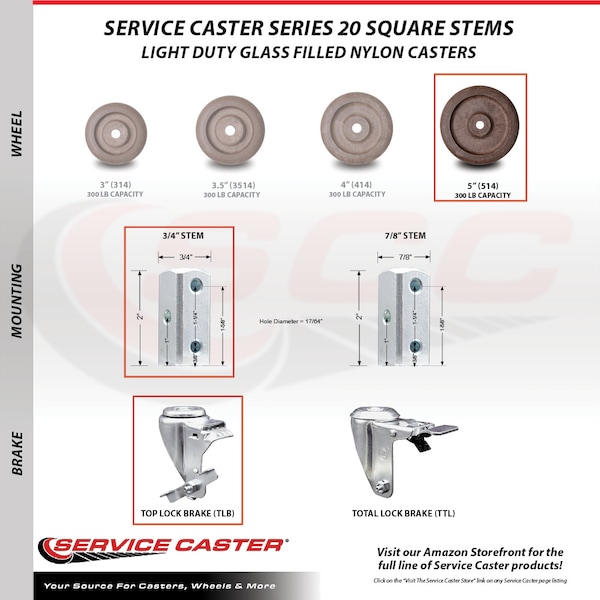 Service Caster 5 Inch High Temp Glass Filled Nylon 3/4 Inch Square Stem Caster Set with Brake SCC-SQ20S514-GFNSHT-TLB-34-4 - main